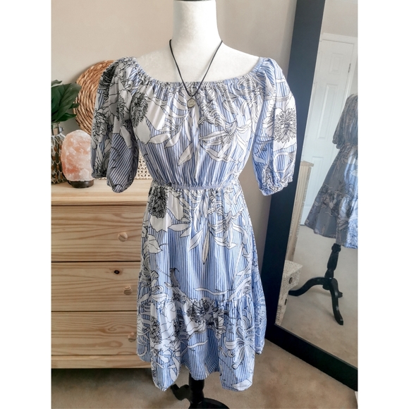 Candy Striped Blue & Floral Off Shoulder Dress - Picture 3 of 6